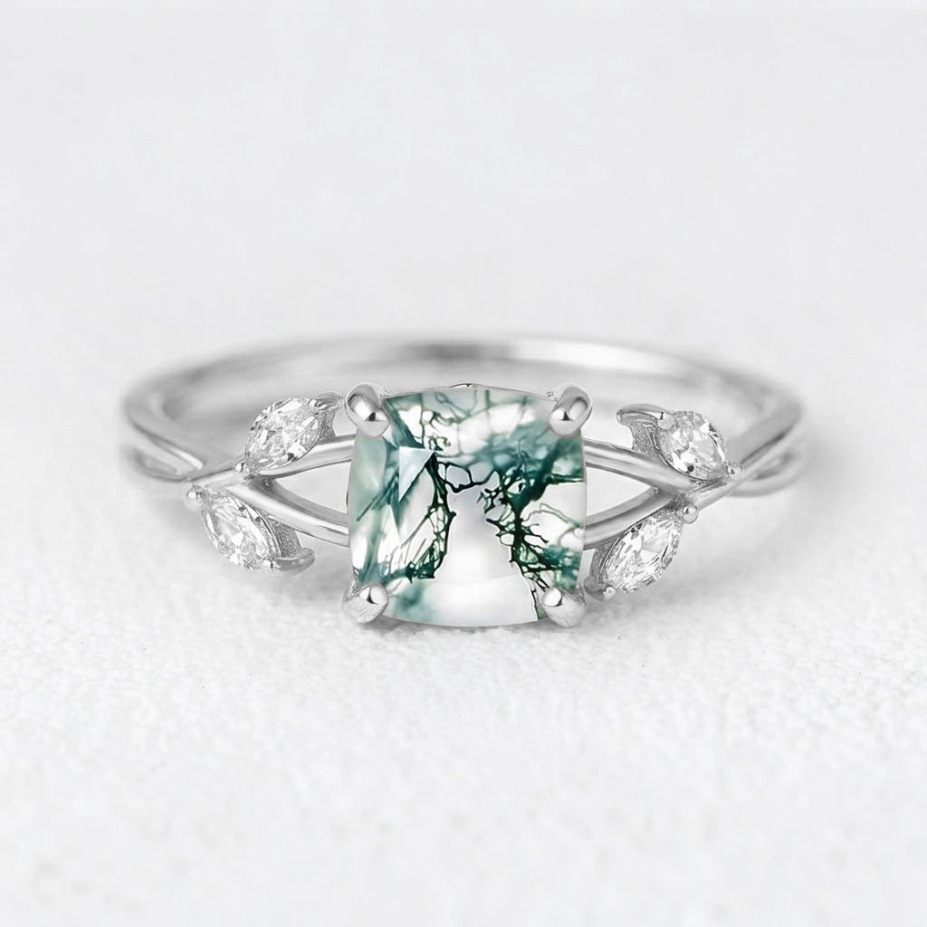 Penelope’s Evermore | Cushion Cut Moss Agate Vine Engagement Ring