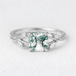 Penelope’s Evermore | Cushion Cut Moss Agate Vine Engagement Ring