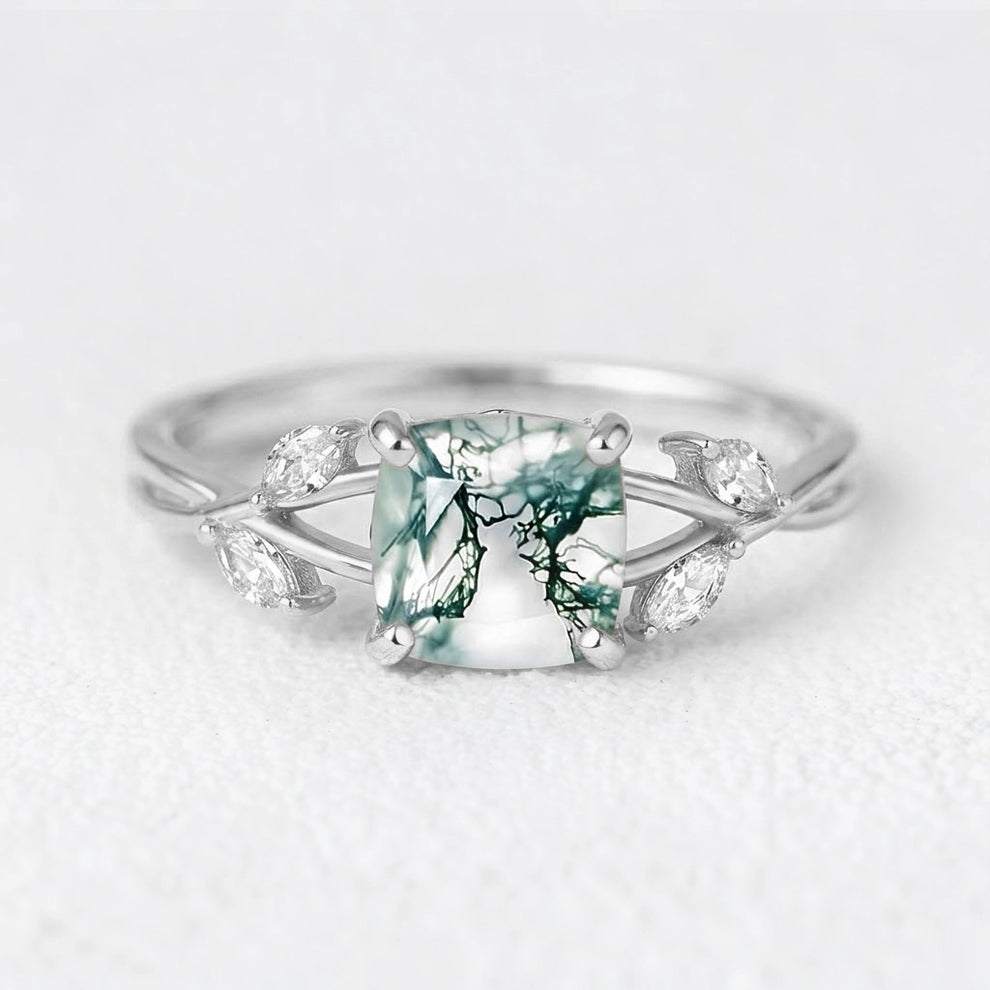 Penelope’s Evermore | Cushion Cut Moss Agate Vine Engagement Ring
