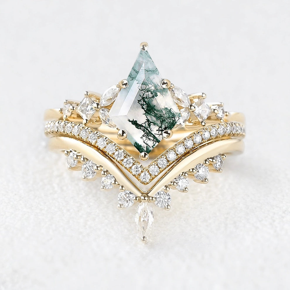 Sylvie’s Cascade | Kite Cut Moss Agate Stacking Bridal Set 3pcs.