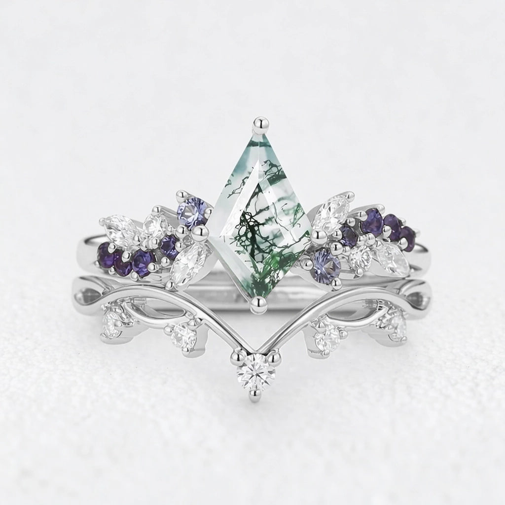 Isadora’s Rhapsody | Kite Moss Agate & Gradient Sapphire Bridal Duo