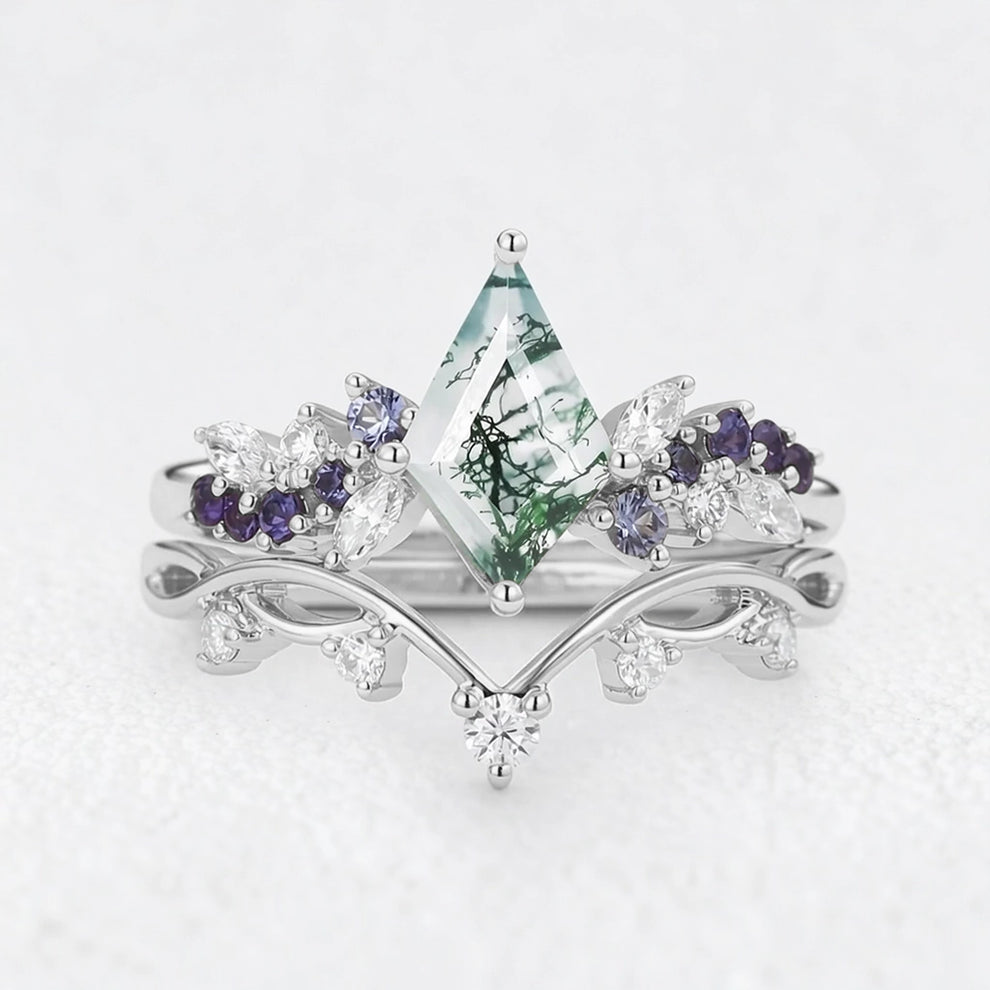 Isadora’s Rhapsody | Kite Moss Agate & Gradient Sapphire Bridal Duo