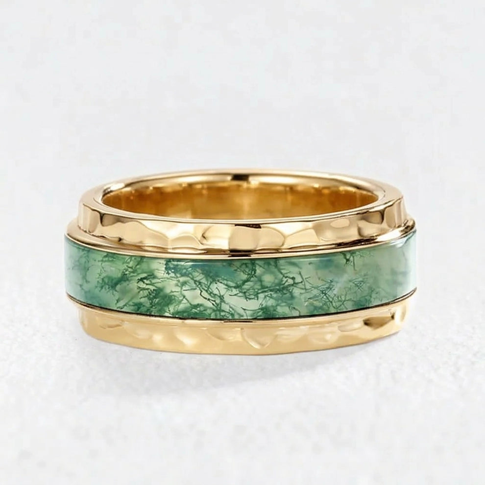 Vidar’s Forge | 8MM Hammered Moss Agate Inlay Men's Wedding Band.