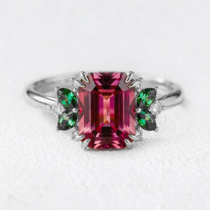Scarlett’s Ode | 3CT Emerald Cut Ruby Halo Engagement Ring