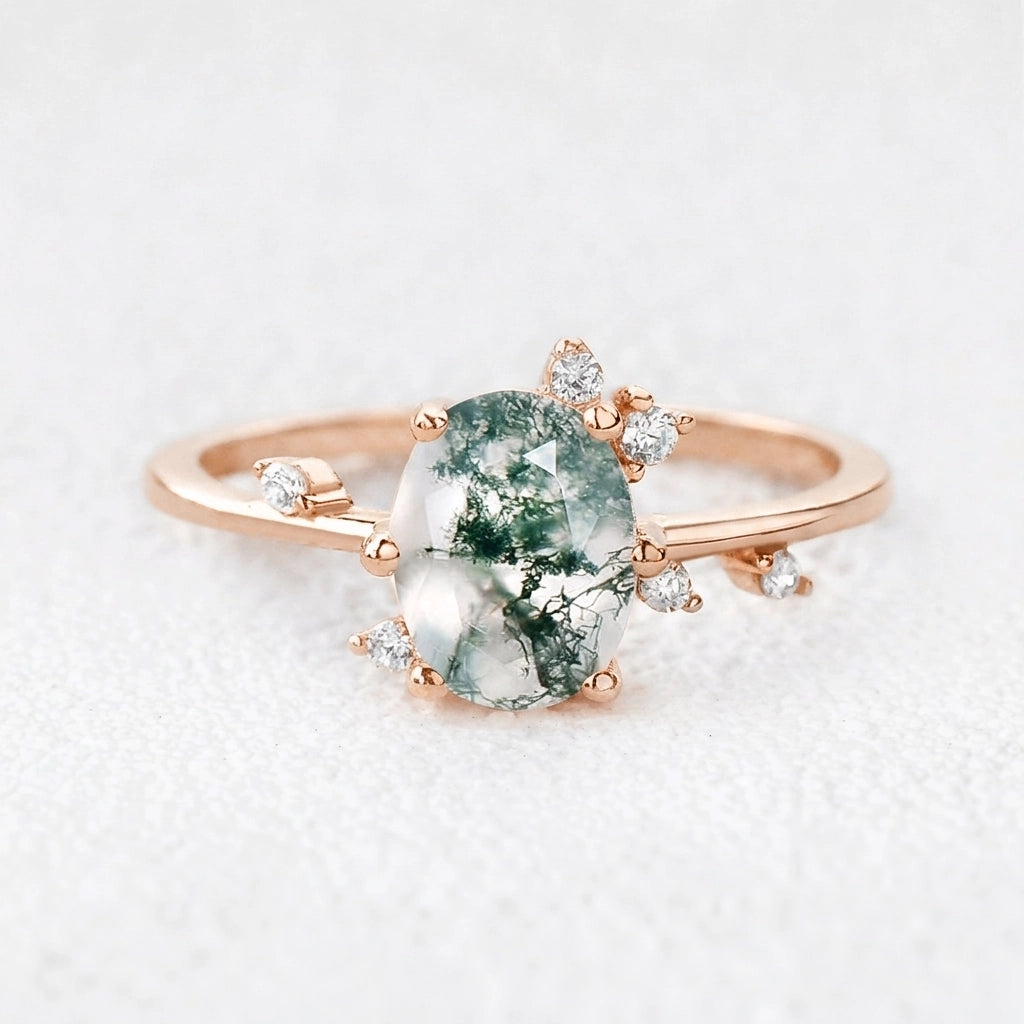 Elara’s Dew | Classic Oval Moss Agate Engagement Ring.
