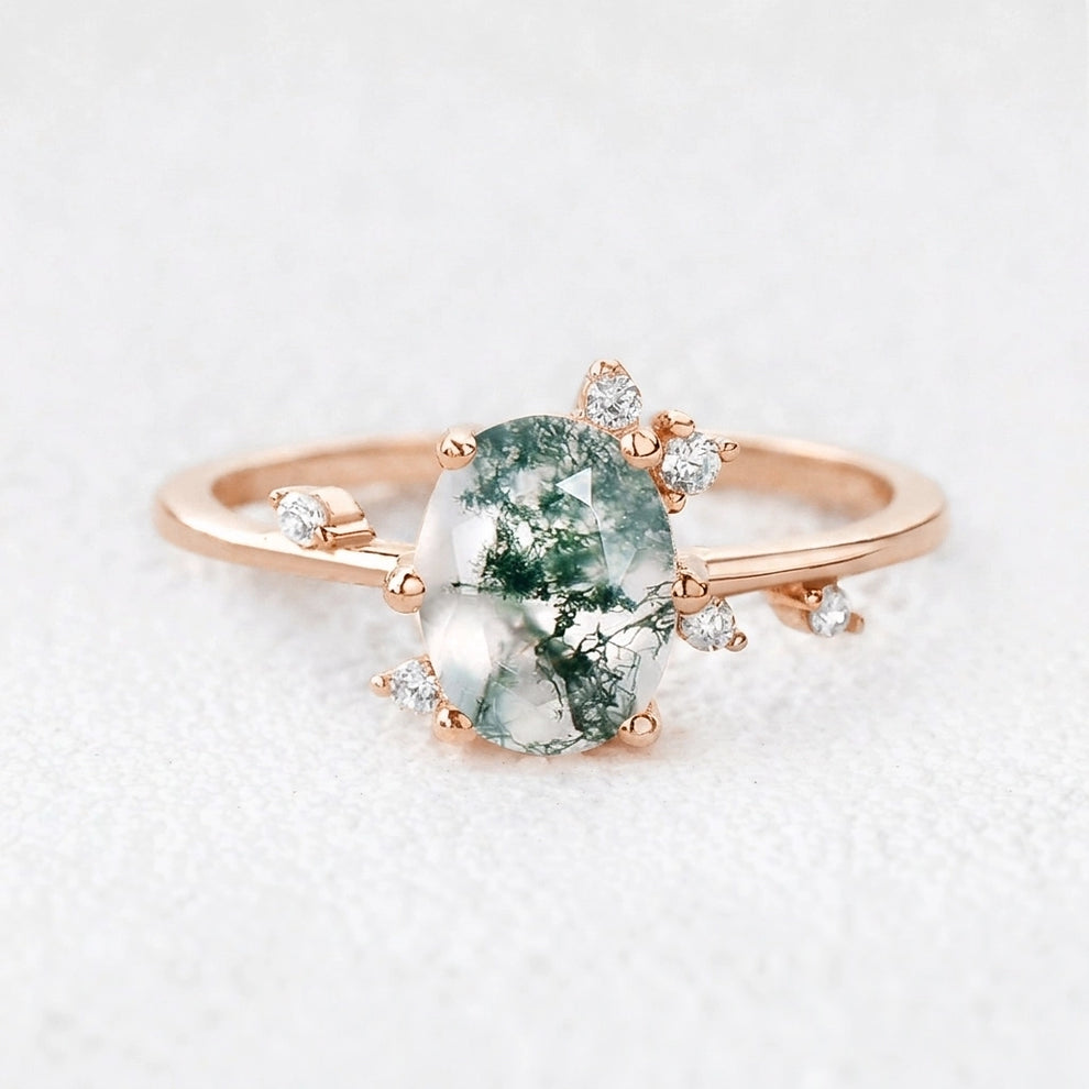 Elara’s Dew | Classic Oval Moss Agate Engagement Ring.