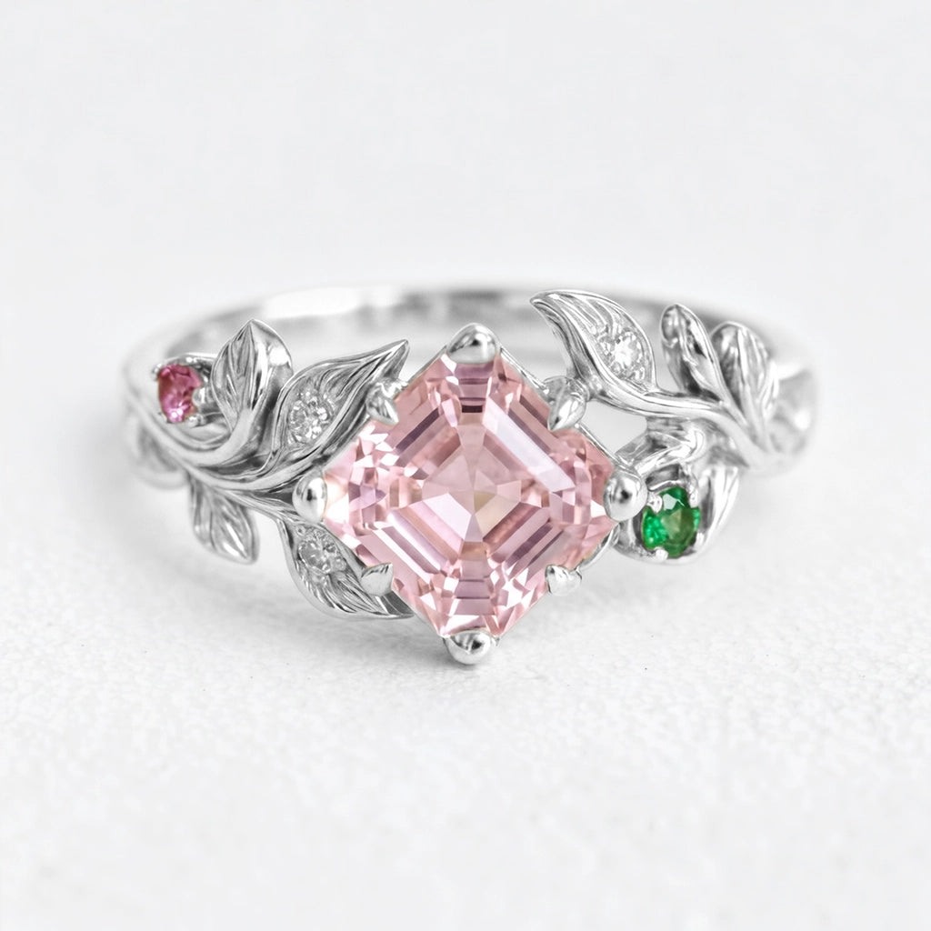 Rosalind’s Blush | Asscher Cut Pink Tourmaline Leafy Engagement Ring.