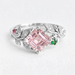 Rosalind’s Blush | Asscher Cut Pink Tourmaline Leafy Engagement Ring.