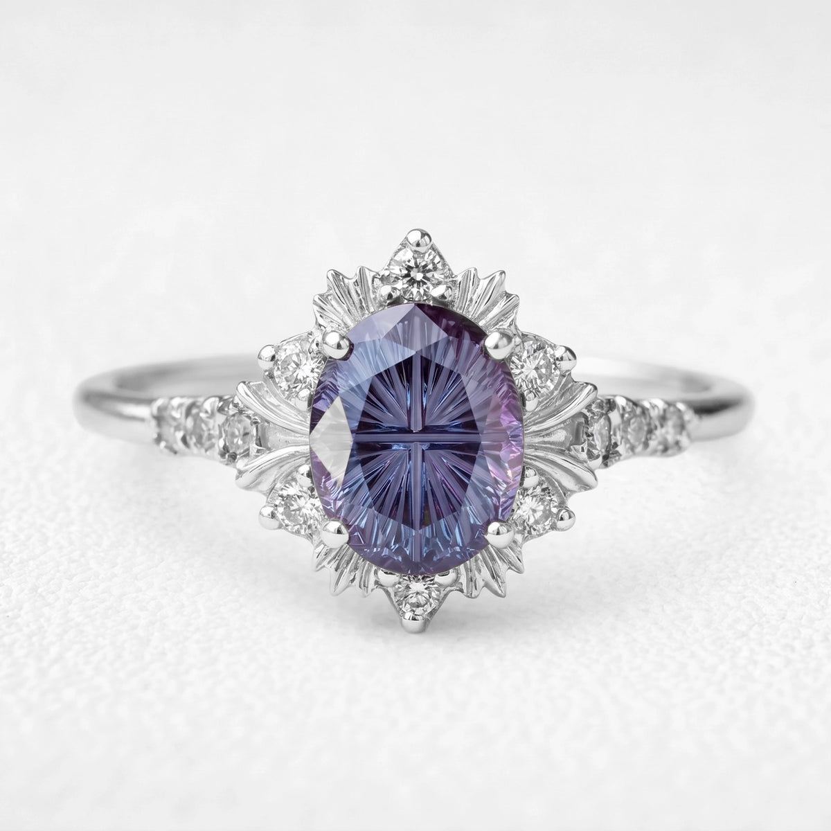 Rosalind’s Aurora | 1CT Fantasy-Cut Oval Alexandrite Halo Engagement Ring