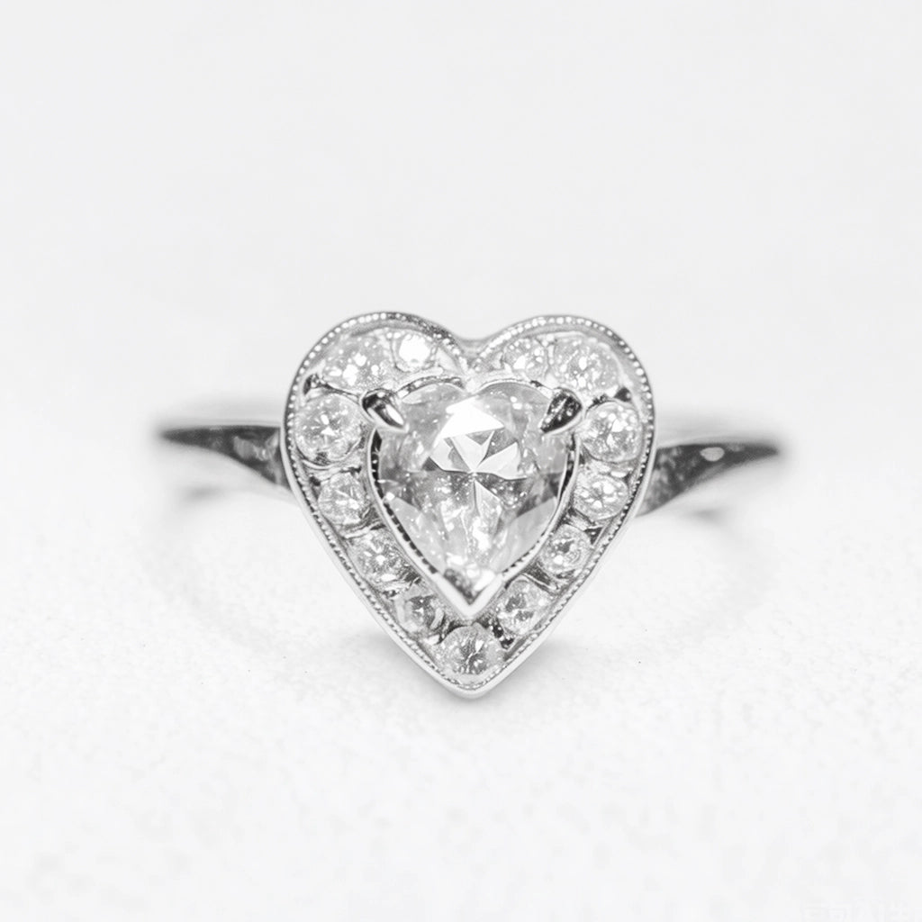 Isolde’s Sincere | Evertrue Halo Heart Salt & Pepper Diamond Engagement Ring.