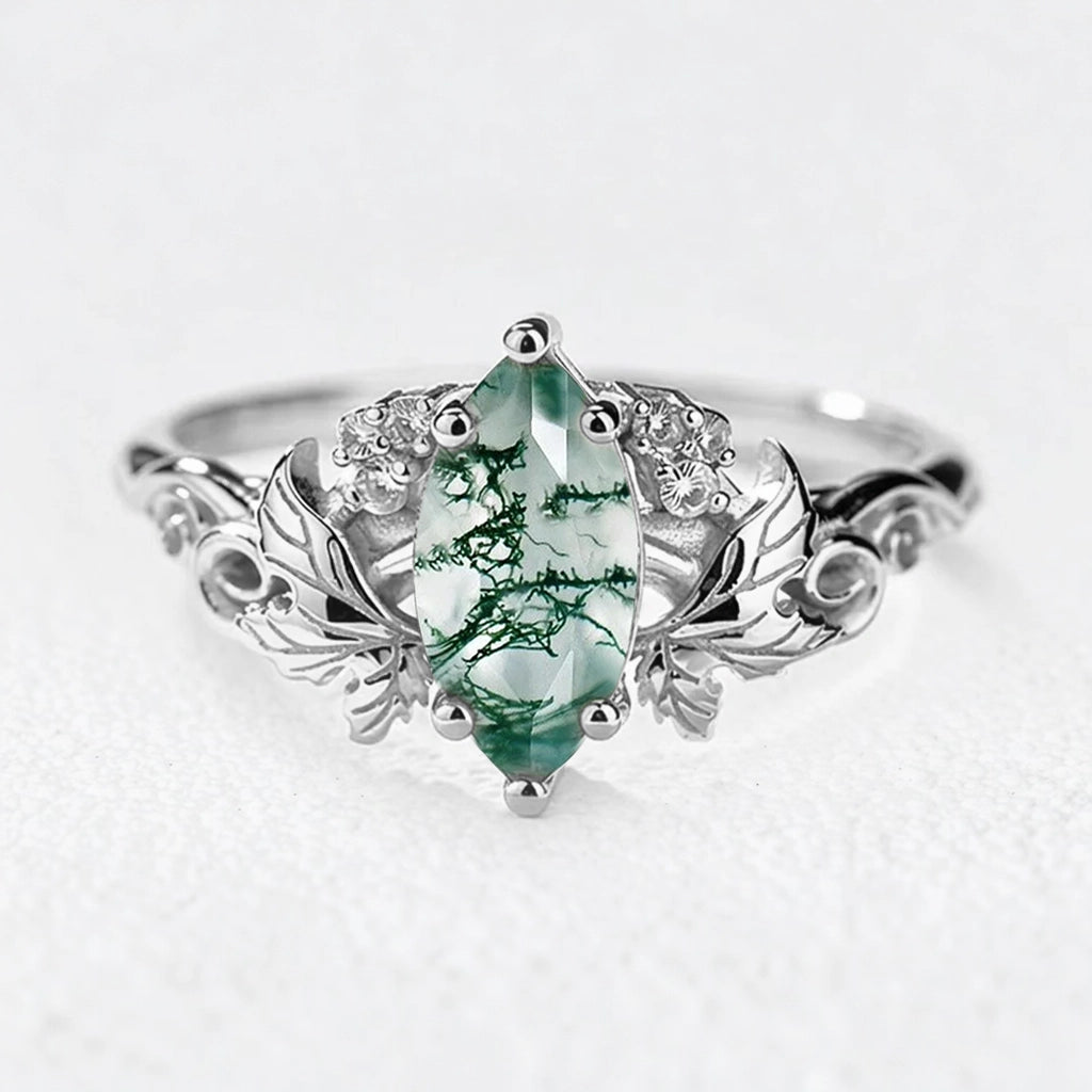 Daphne’s Laurel | Marquise Moss Agate with Diamond Leaves