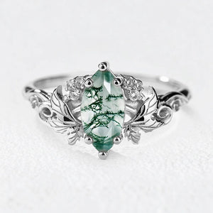 Daphne’s Laurel | Marquise Moss Agate with Diamond Leaves