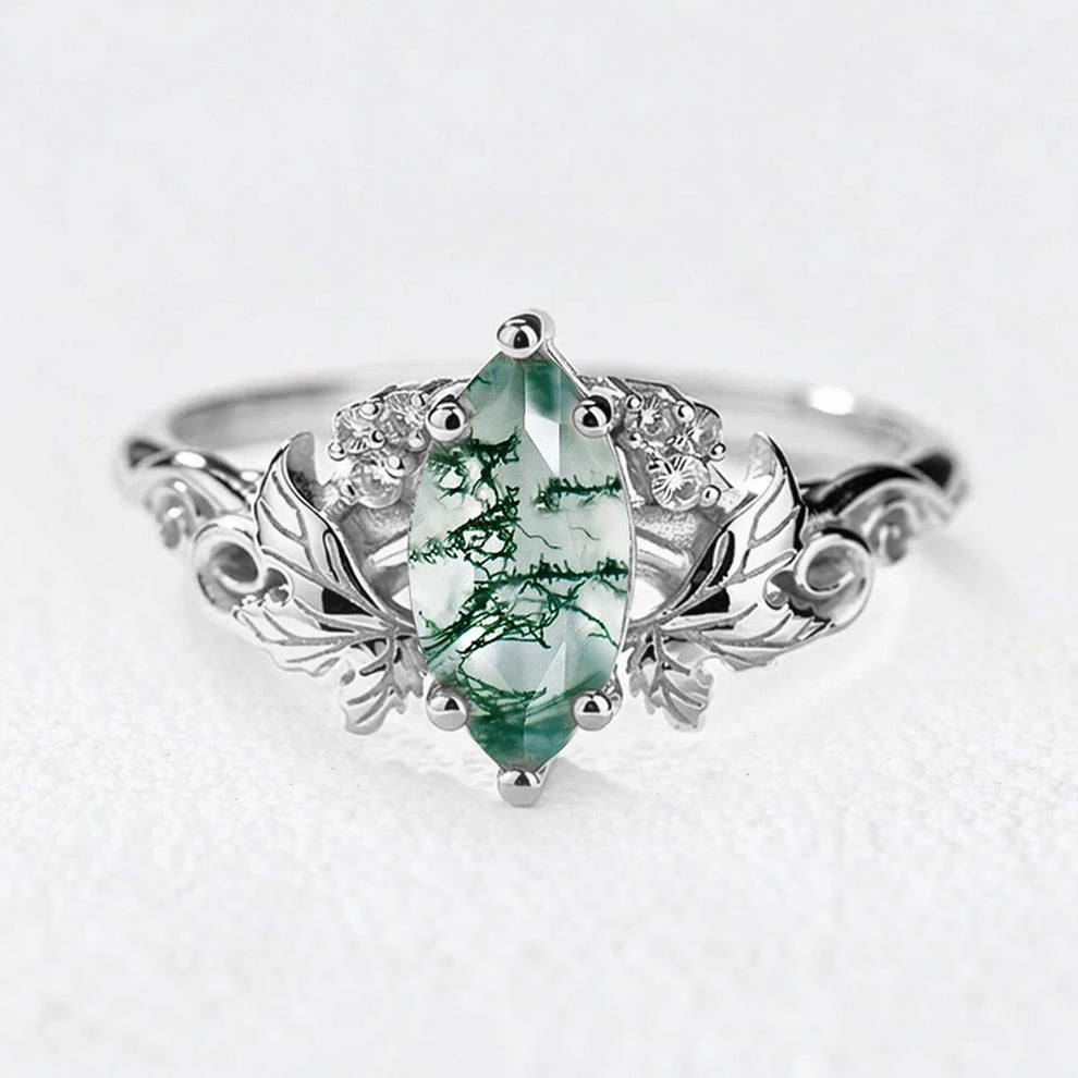 Daphne’s Laurel | Marquise Moss Agate with Diamond Leaves