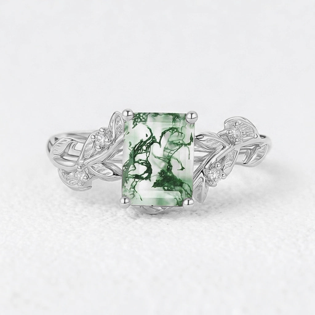 Celandine’s Lattice | Emerald Cut Moss Agate Leafy Engagement Ring.