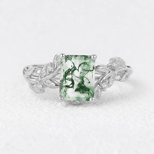 Celandine’s Lattice | Emerald Cut Moss Agate Leafy Engagement Ring