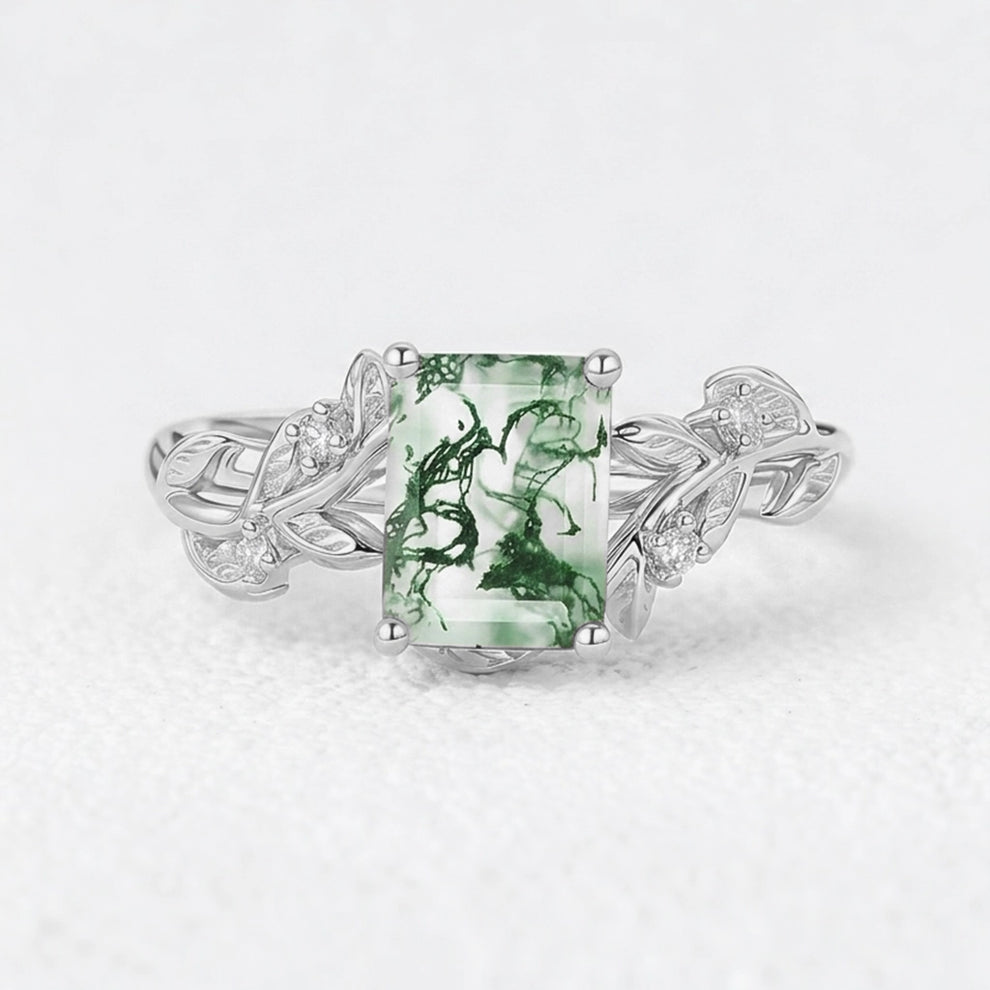 Celandine’s Lattice | Emerald Cut Moss Agate Leafy Engagement Ring.