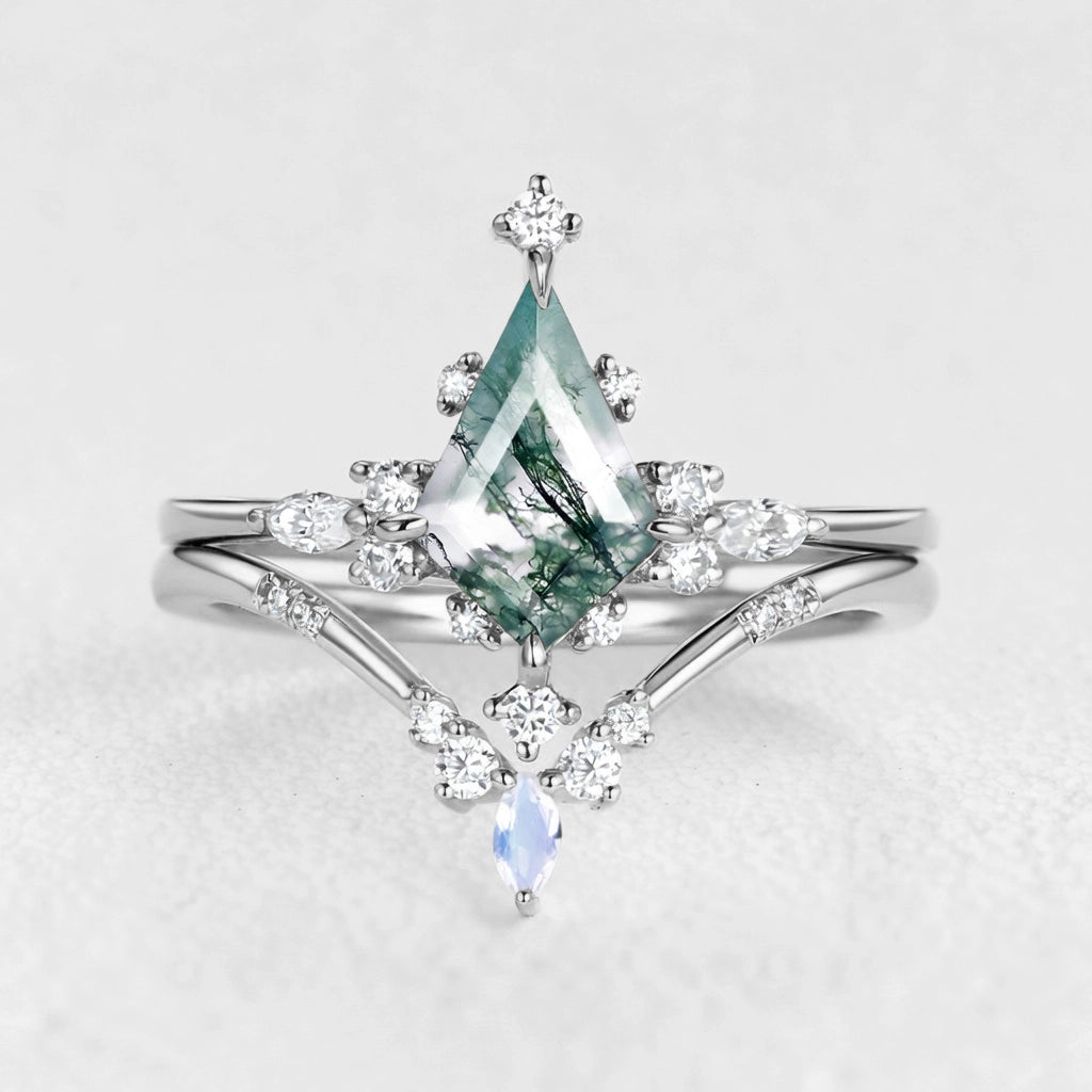 Unique Kite Cut Moss Agate & Moonstone Engagement Ring Sets 2pcs.