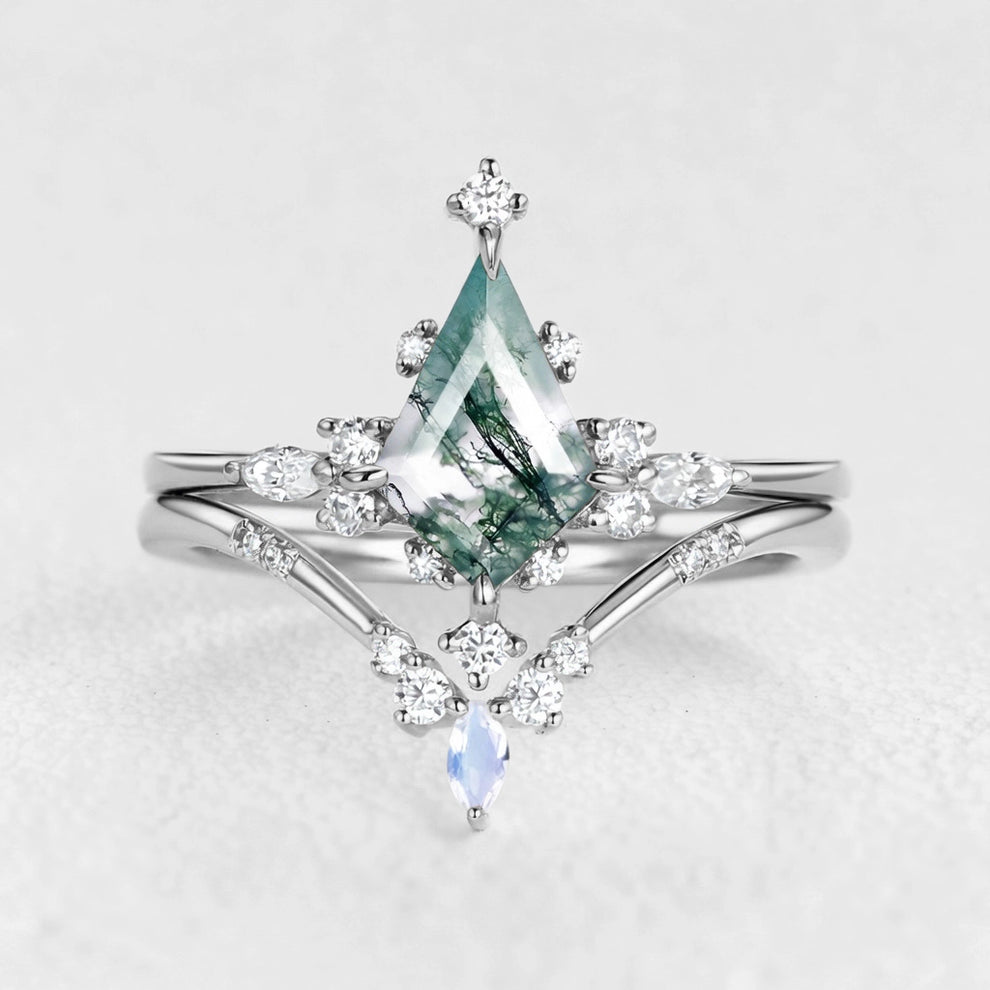 Unique Kite Cut Moss Agate & Moonstone Engagement Ring Sets 2pcs.