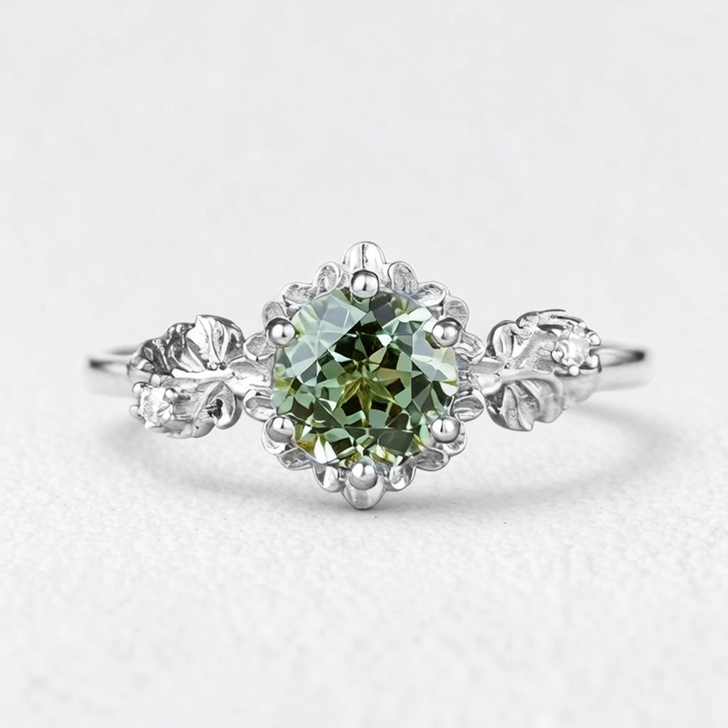 Sylvie’s Blossom | Round Green Sapphire Floral Engagement Ring