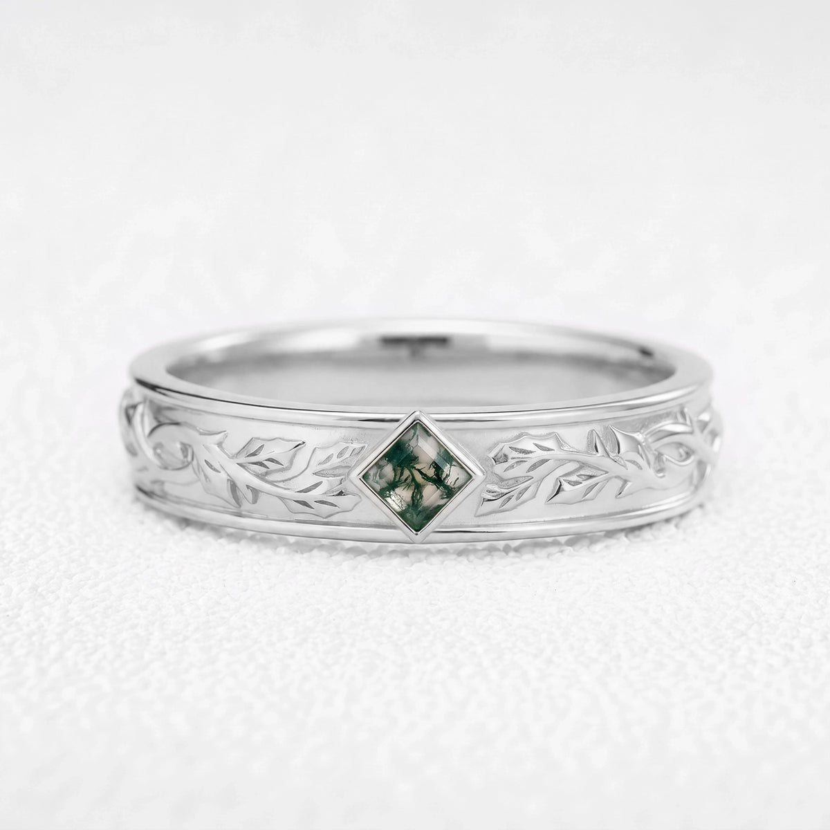Orion’s Keystone | Bezel-Set Square Moss Agate Men’s Band