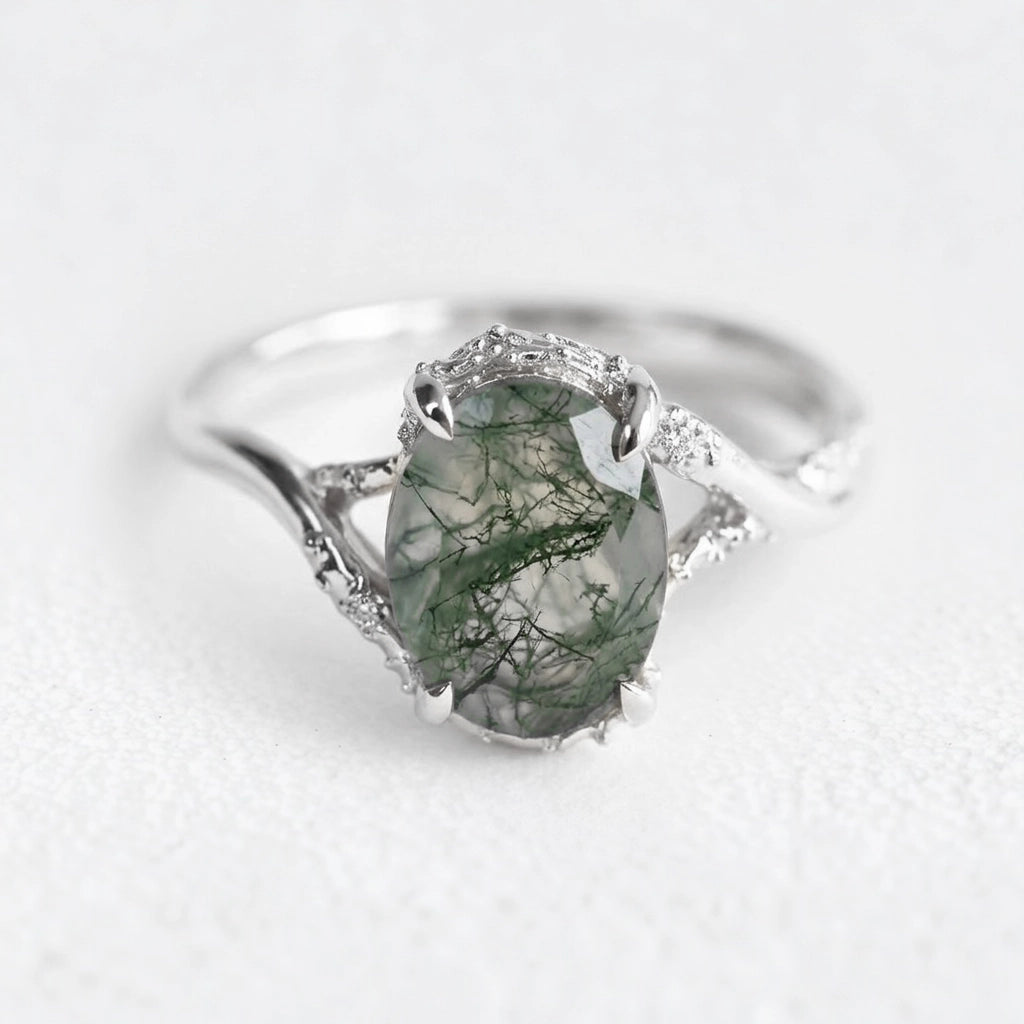 Mirelle's Glade | Oval Moss Agate Engagement Ring.