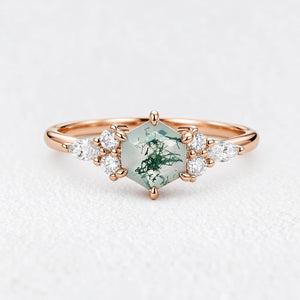 Hazel‘s Glade | Hexagon Moss Agate Cluster Engagement Ring