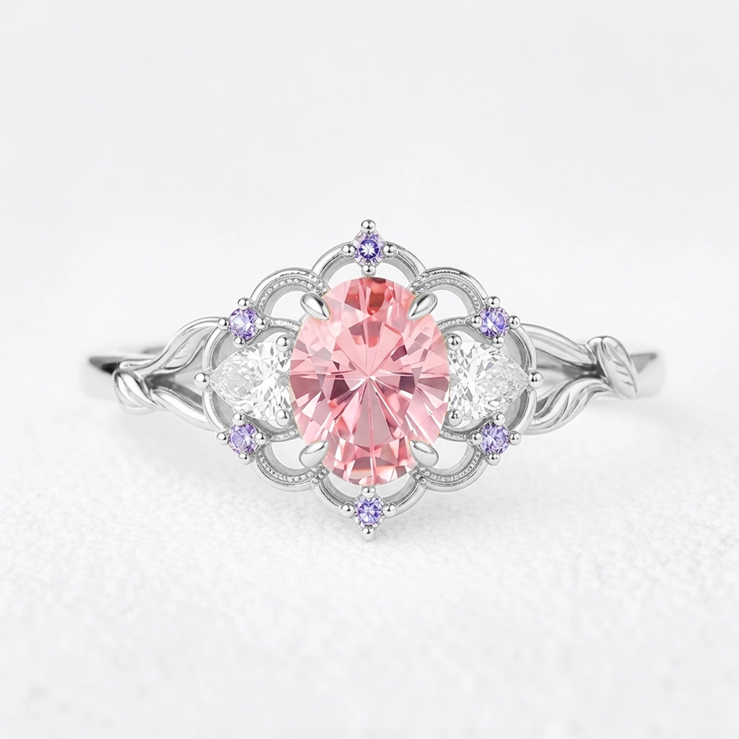 Aurora’s Lotus | Oval Padparadscha Sapphire Vintage Engagement Ring