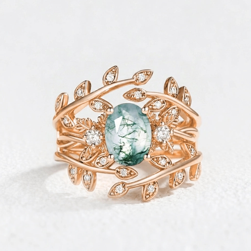 Léonie Oval Cut Moss Agate Leafy Enhancer Ring Set 2pcs.