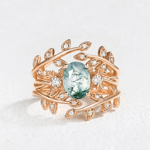 Léonie Oval Cut Moss Agate Leafy Enhancer Ring Set 2pcs.