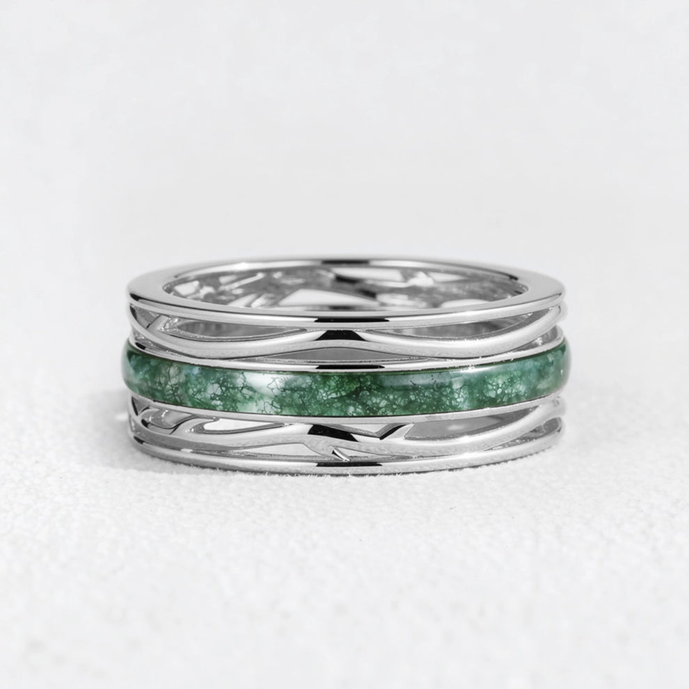 Odin’s Dominion | 8MM Moss Agate Men’s Ring with Openwork Branch Sides.