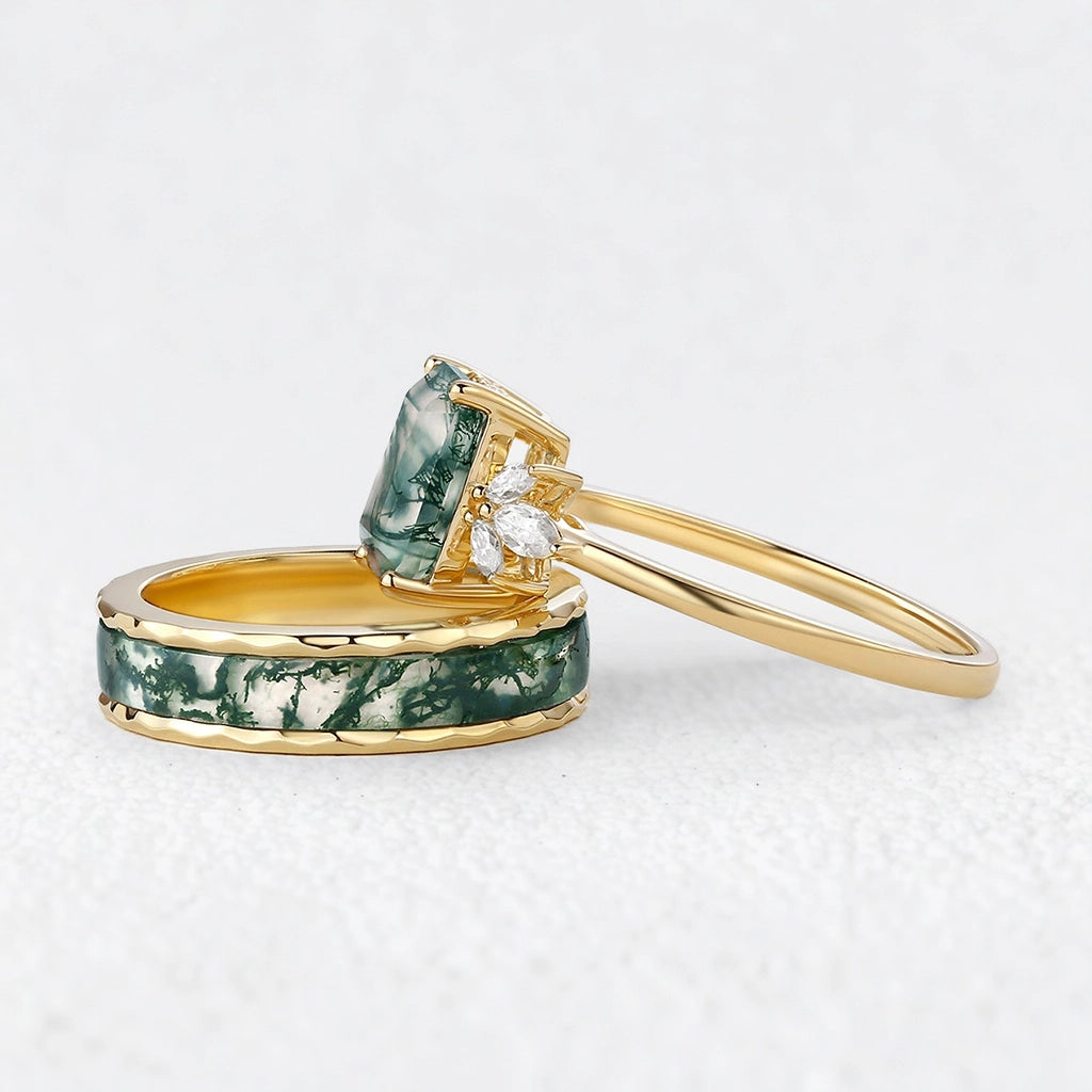 Flora’s Terrace | Emerald Cut Moss Agate Yellow Gold Couple Ring Set 2pcs.