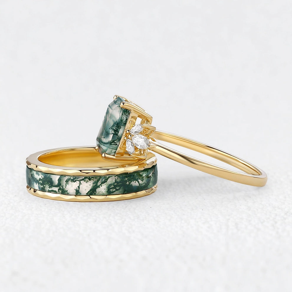 Flora’s Terrace | Emerald Cut Moss Agate Yellow Gold Couple Ring Set 2pcs.