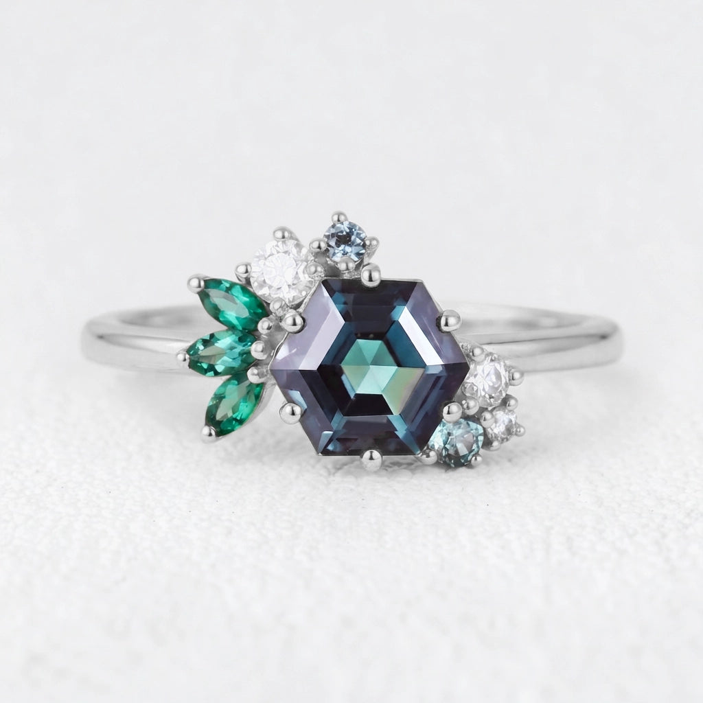Isadora’s Prism | Hexagon Alexandrite Cluster Engagement Ring
