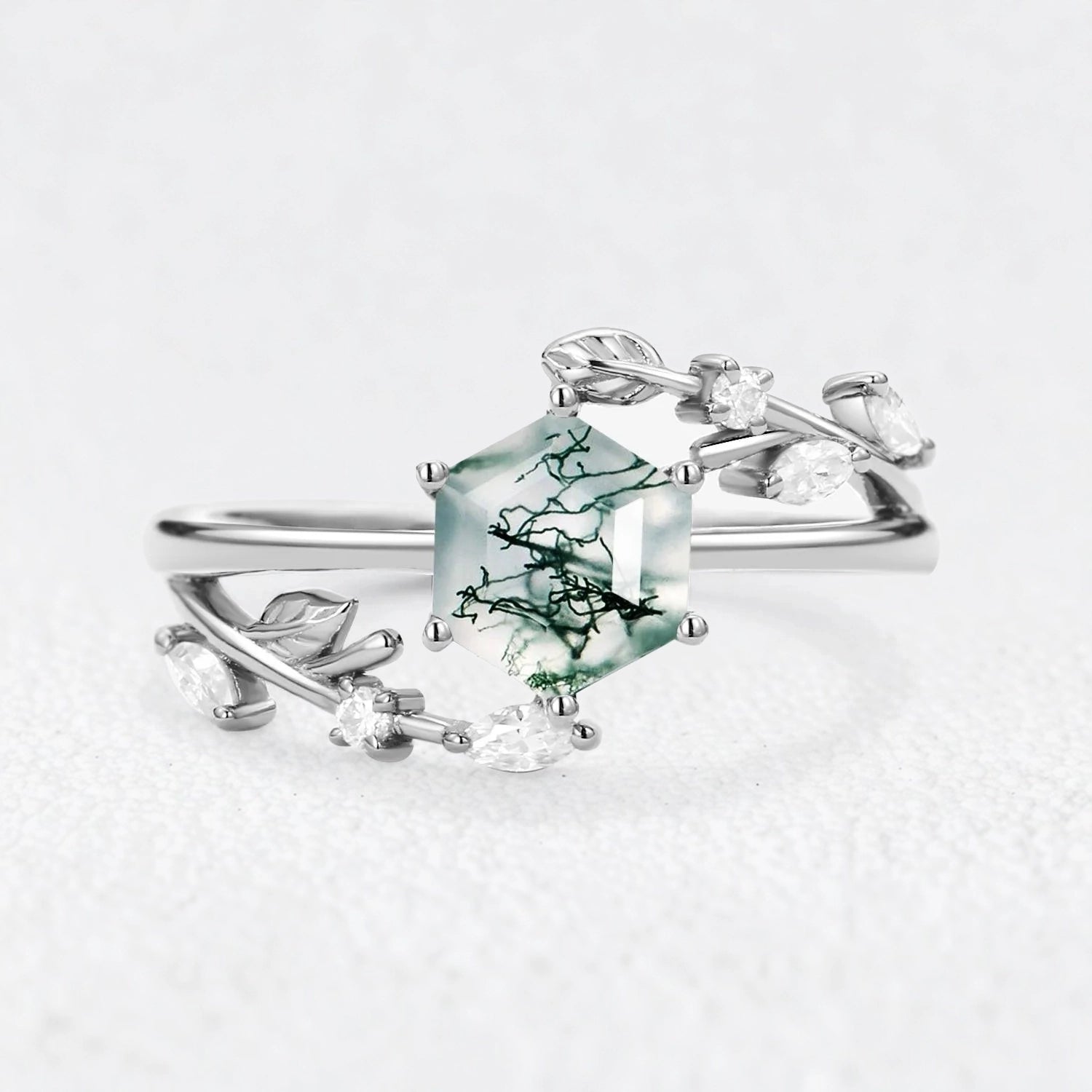 Celestia’s Haven | Hexagon Cut Moss Agate Foliage Engagement Ring