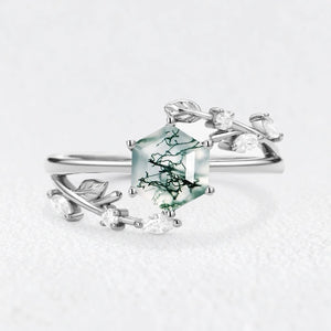 Celestia’s Haven | Hexagon Cut Moss Agate Foliage Engagement Ring