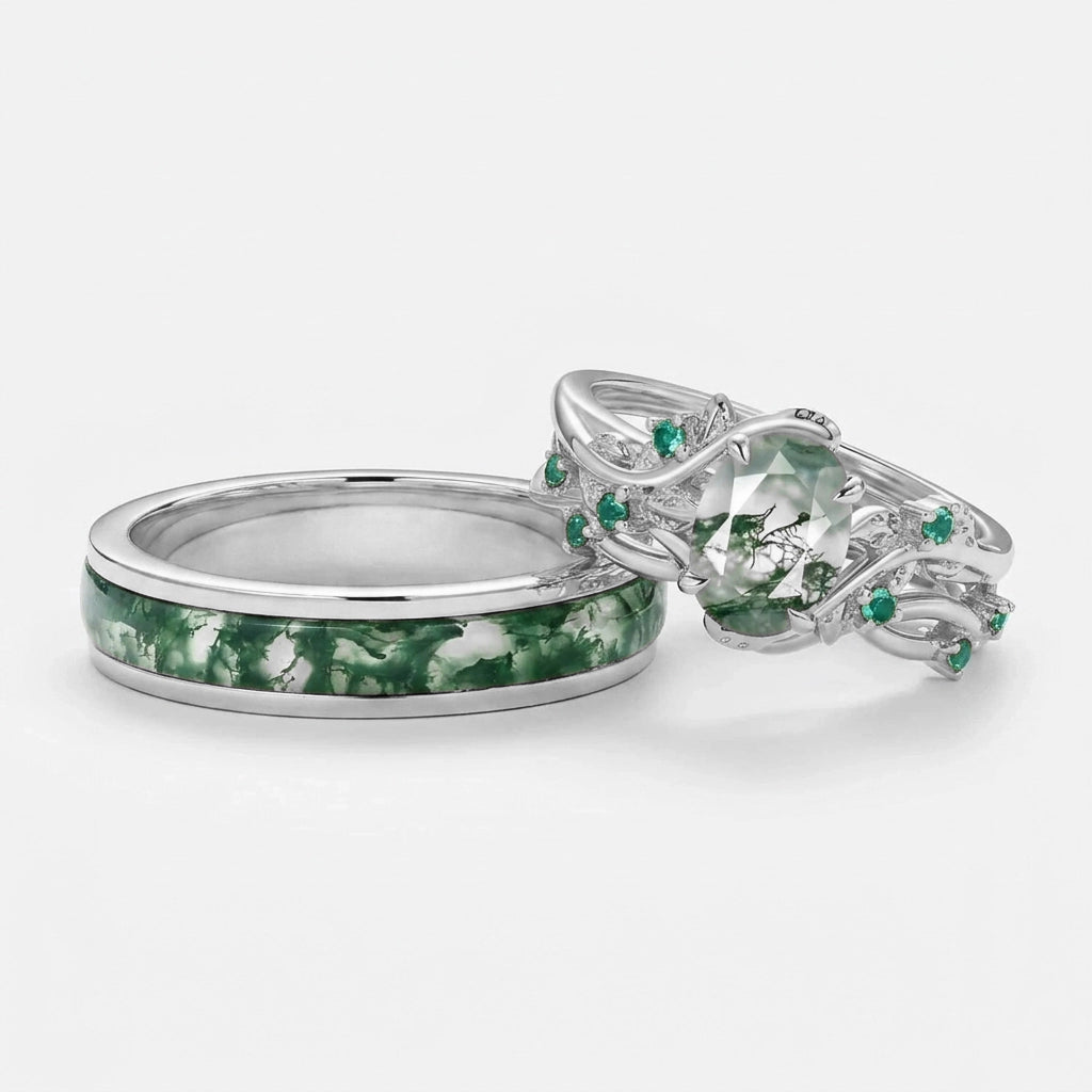 Evergreen Vows | Oval Moss Agate Leaf Veil Black Gold Couple Set 3pcs.