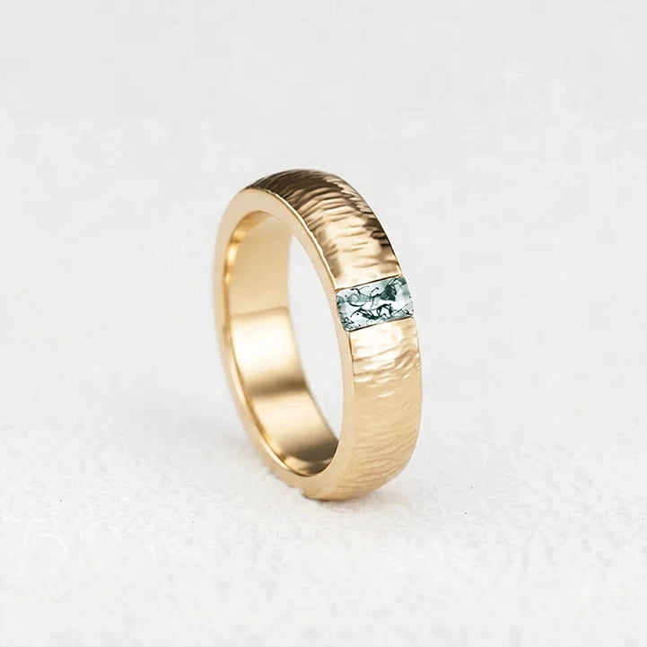 Silas’s Inlay | Moss Agate Textured Men's Wedding Band.