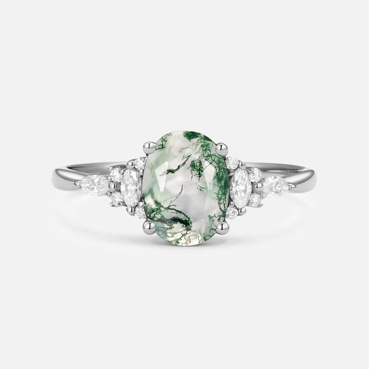 Sylvie’s Dew | Classic Oval Moss Agate Engagement Ring with Diamond Accents.