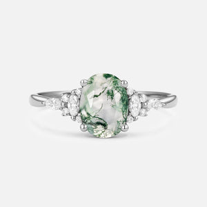 Sylvie’s Dew | Classic Oval Moss Agate Engagement Ring with Diamond Accents.