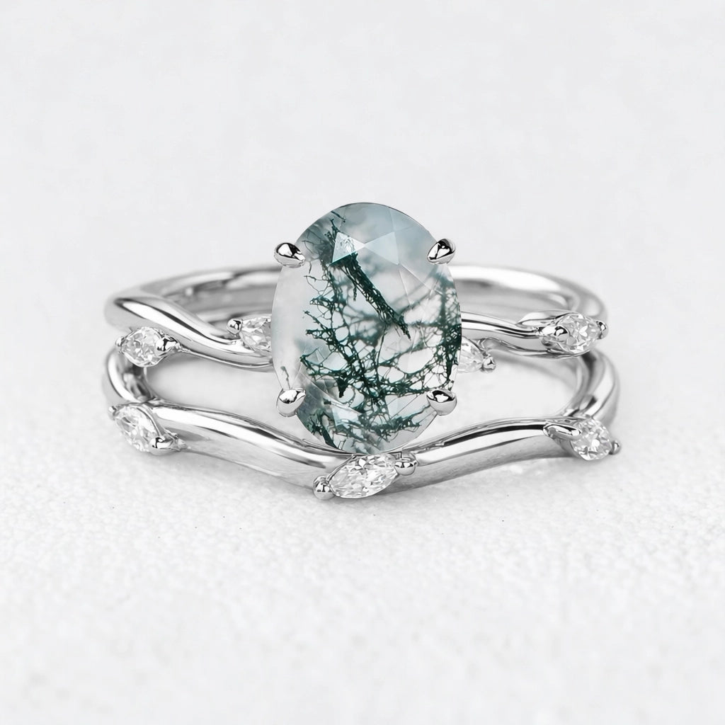 Genevieve’s Garland | Oval Moss Agate Foliage Bridal Duo