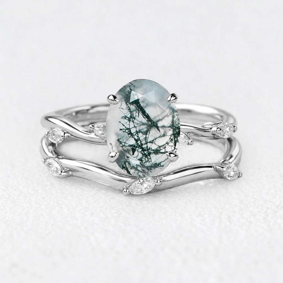 Genevieve’s Garland | Oval Moss Agate Foliage Bridal Duo