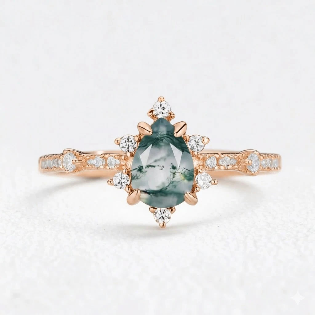 Genevieve’s Cluster | Pear Cut Moss Agate Engagement Ring