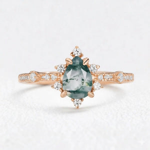 Genevieve’s Cluster | Pear Cut Moss Agate Engagement Ring