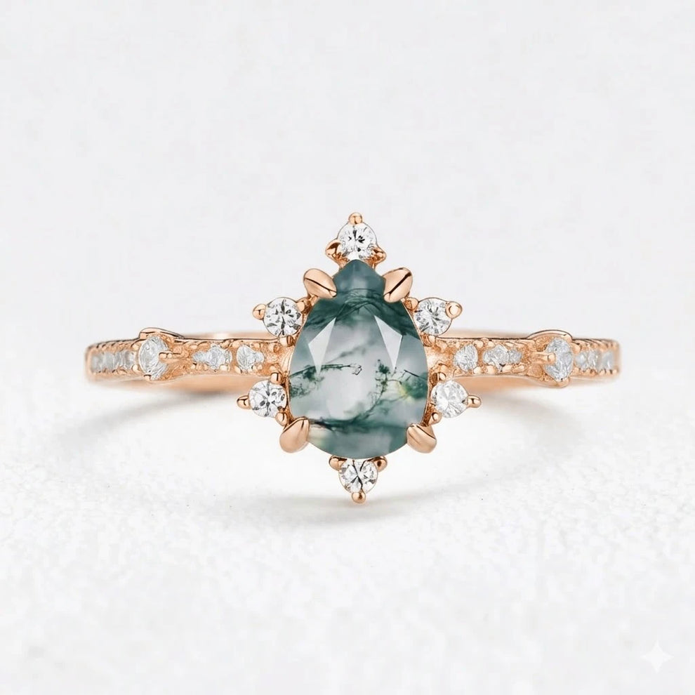 Genevieve’s Cluster | Pear Cut Moss Agate Engagement Ring