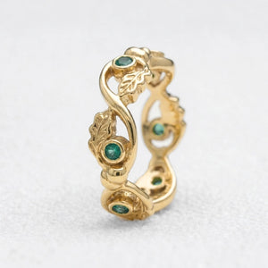 The Lacy Oak | Openwork Oak Leaves & Natural Emerald Women's Wedding Band.