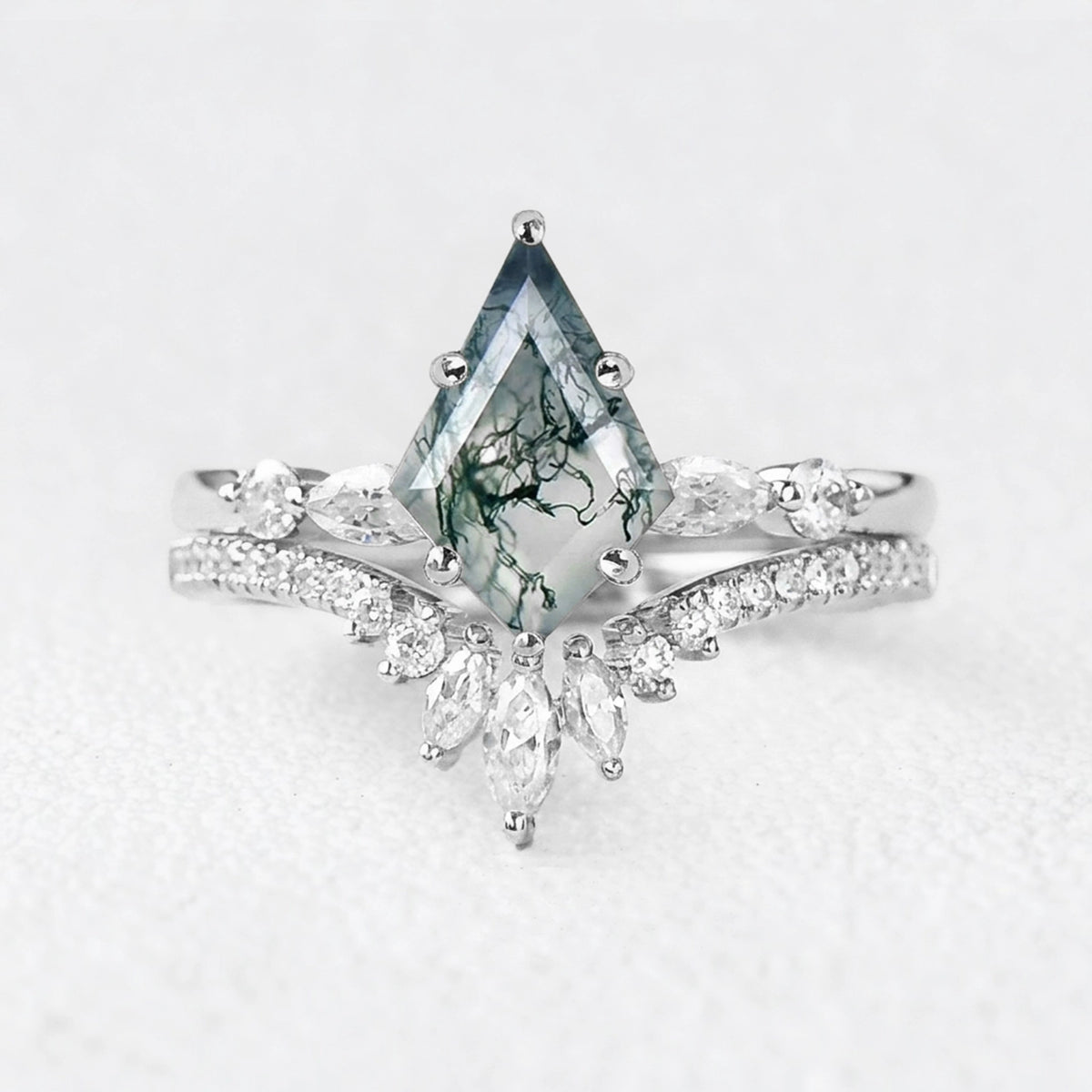 Seraphina's Whisper | Kite Cut Moss Agate Chevron Bridal Duo
