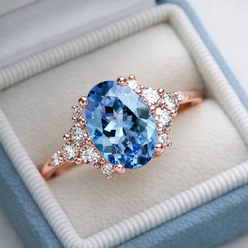 Celeste‘s Whisper | 2CT Oval Cut Blue Gemstone Ring