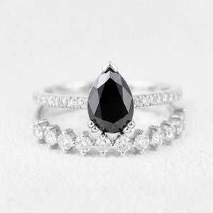 Grace’s Eclipse | Pear Cut Black Diamond Solitaire & Diamond Band Bridal Set 2pcs.