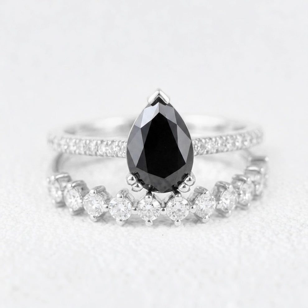 Grace’s Eclipse | Pear Cut Black Diamond Solitaire & Diamond Band Bridal Set 2pcs.
