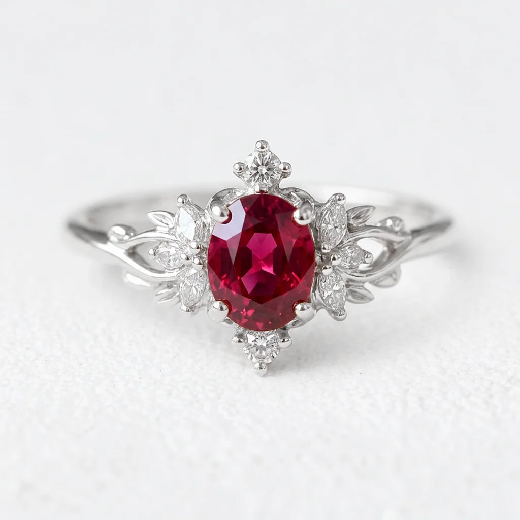 Roselight Briar | Oval Ruby Engagement Ring with Scattered Diamond Leaves